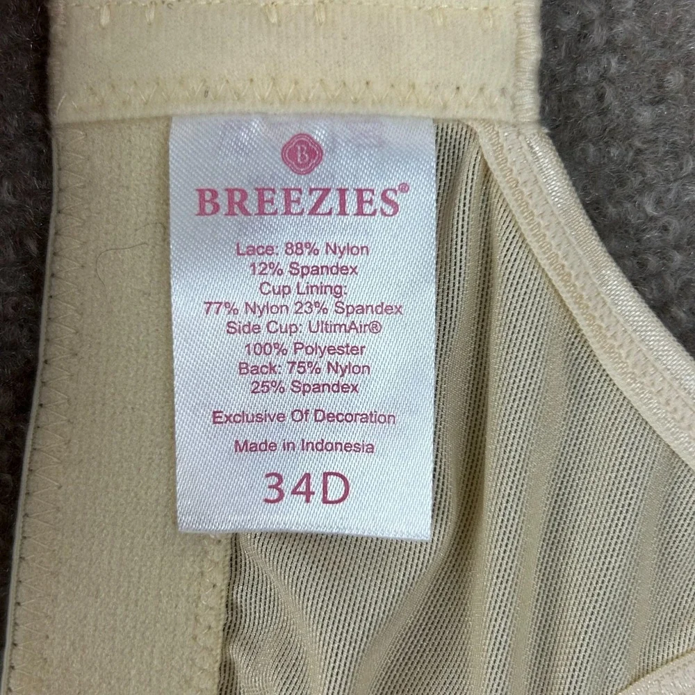 Breezies Lace Lightly Underwire Balconette‎ Bra Womens 34D Beige Nylon Stretch